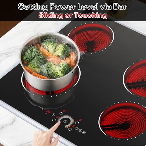 Image of Hobsir 24 inch Electric Cooktop 6200W, 4 Burner Electric Stove Top, Built-in Circular Slide Ceramic Stove with Glass Metal Frame, Timer, Safety Lock, 220V-240V Burner Hard Wire (No Plug)