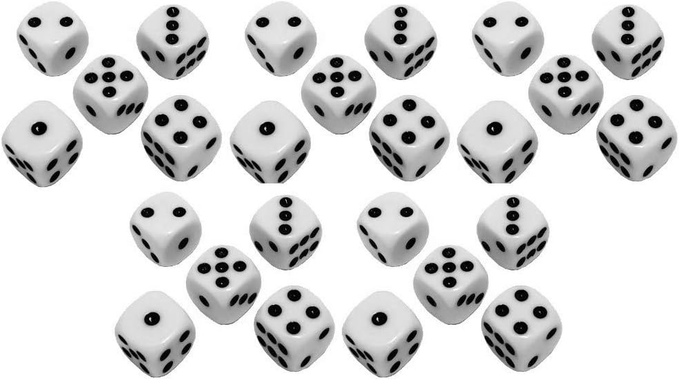 Cyber-Deals Set of 16mm Rounded Corners 6-Sided Opaque Pip Dice with Black Velvet Pouch ((25) White Pip Dice)