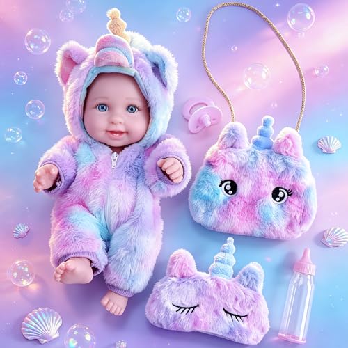 MXSYSHYJ 12 Inch Baby Doll with Unicorn Sleeping Bag Eye Mask & Crossbody Bag Toddler Doll for 3+ Year Old Girls Pretend Play Gift Set with Bottle & Pacifier