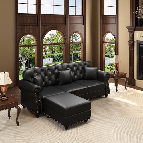 Image of KEIKI 83 inch Faux Leather Chesterfield Sofa with Rolled Arms & Nailhead Trim & 3 Ottoman, 3-Seater Button Tufted Couch with High Resilience Cushion & 3 Pillow, Easy Assembly, for Living Room, Black