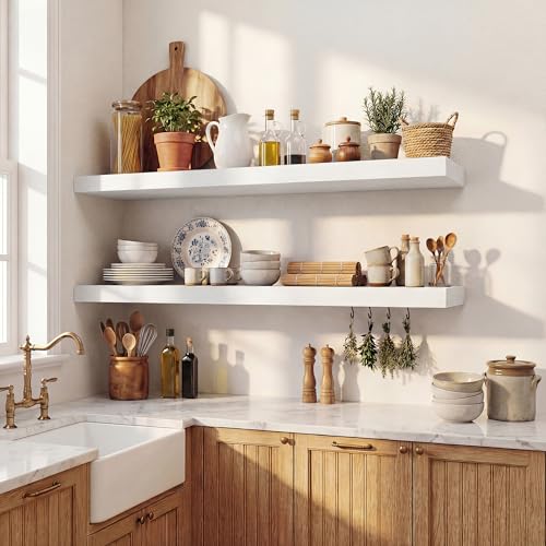 Image of Dreamland 40 Inches Floating Shelves for Wall, 9.3 inch Deep Long Floating Shelves Set of 2, Large Display & Storage Shelf, Wall Shelf for Bathroom Bedroom Living Room Kitchen Office, White