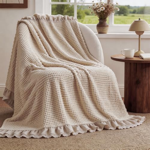 Tegeme Waffle Weave Blanket 43' x 63' 100% Cotton Neutral Boho Farmhouse Woven...