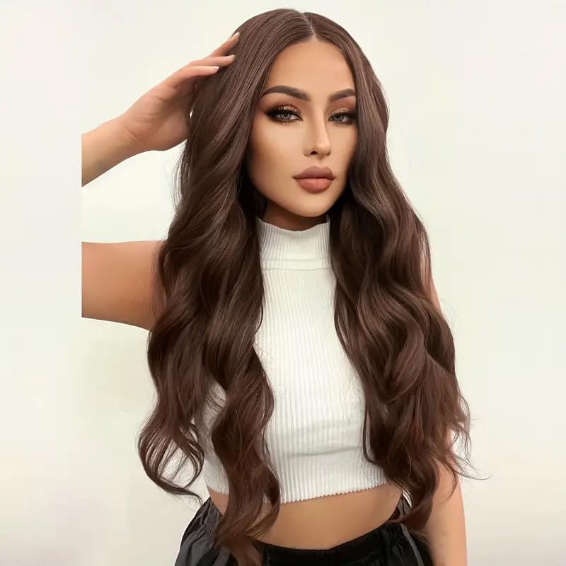 Image of Akashkrishn Synthetic Hair Wig For Women Long Brown Wig Middle Part Body Wavy Front Wig For Women Daily Party Use Natural Look Hair Wig