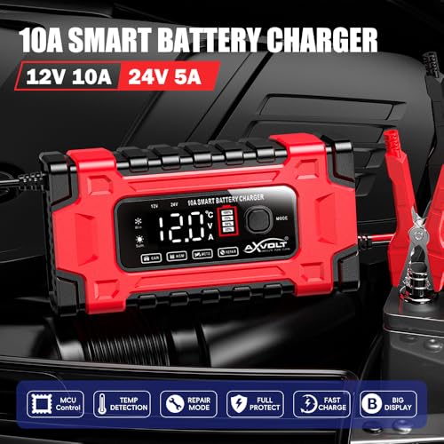 Image of AXVOLT Battery Charger 10-Amp 12V and 24V Fully-Automatic Smart Car Battery Charger, Battery Maintainer Trickle Charger, and Battery Desulfator with Temperature Compensation
