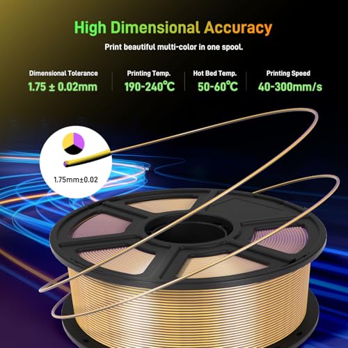 Image of FLASHFORGE Silk Tri-Color PLA Filament 1.75mm, Coextrusion Black Gold Purple Triple Color Rainbow 3D Printer Filament, Enchanting Silk Finish with 360 Multicolor Shifting Color Effect