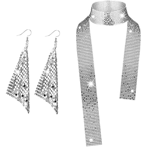 Otuuz Carnival 1970s Disco Accessories 2 Kit Women's Jewellery Sets Bling 70s Earrings silver Metal Necklace for Disco Party Festival Costume Supplies Cover