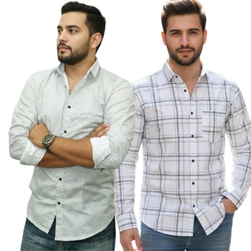 Image of Pack of 2 Men's Cotton Fabric Button Down Full Sleeve Collar Neck Regular Fit Check & Dotted Printed Combo Shirt