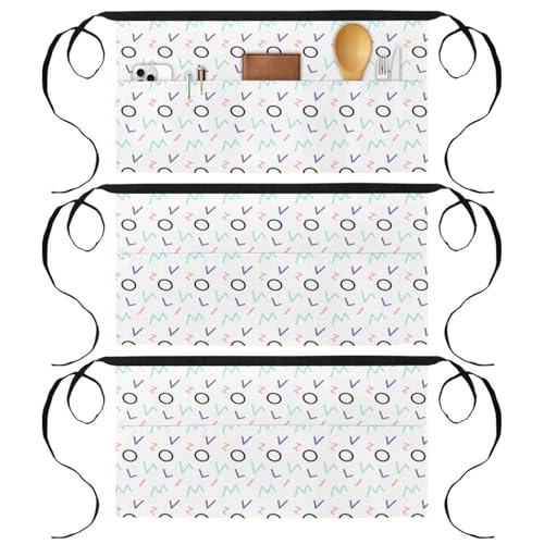 Demi-tablier de cuisine motif Memphis blanc pour ranger ses accessoires avec ses 3 poches