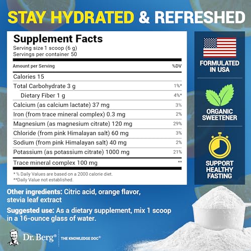 Image of Dr. Berg Zero Sugar Hydration Keto Electrolyte Powder - Enhanced w / 1000 mg of Potassium & Real Pink Himalayan Salt (NOT Table Salt) - Orange Flavor Hydration Drink Mix Supplement - 50 Servings
