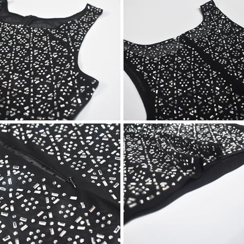 Image of Jigfar Women's Sexy Rhinestone Sheer Mesh See Through Bodycon Dress Birthday Party Club Night Outfits