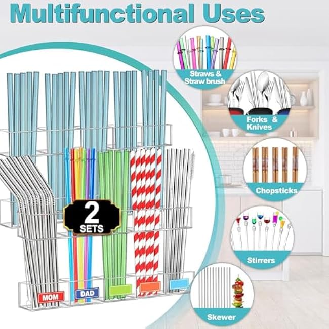 Straw Holder Door, 9.5x1.2x1.05 Inches, Acrylic Adhesive Dispenser for Drinking Straws, Kitchen Organizer with Reusable Clear Design, Storage Counter Cupboard Cafe Bar Chopsticks Brush Rod