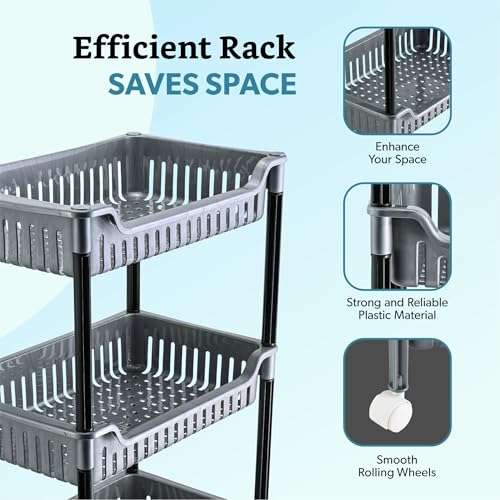 Image of Kuber Industries Plastic Multipurpose Trolley with Wheels | 3 Layer Storage Organizer for Household, Office, Bedroom, Kitchen, Living Room & Bathroom | Shelf Rack - Grey