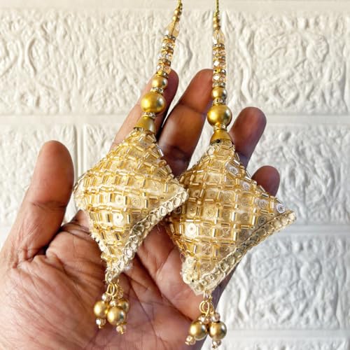 Image of Adikala Craft Store Handmade Ethnic Latkan Tassel Set of 2 for Saree Pallu, Blouse, Suits, Dupatta, Lehenga Decor (Golden S Cushion)