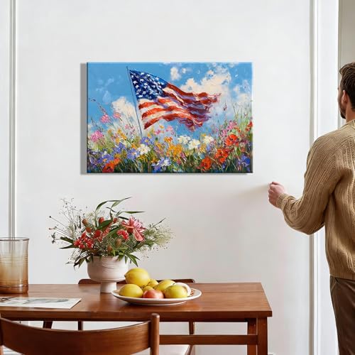 Image of RIBNTAK Made in USA 4th of July Canvas Print Wall Art, Impressionist American Flag & Wildflowers Painting Artwork for Living Room, Patriotic Independence Day Pictures, Americana Home Decor