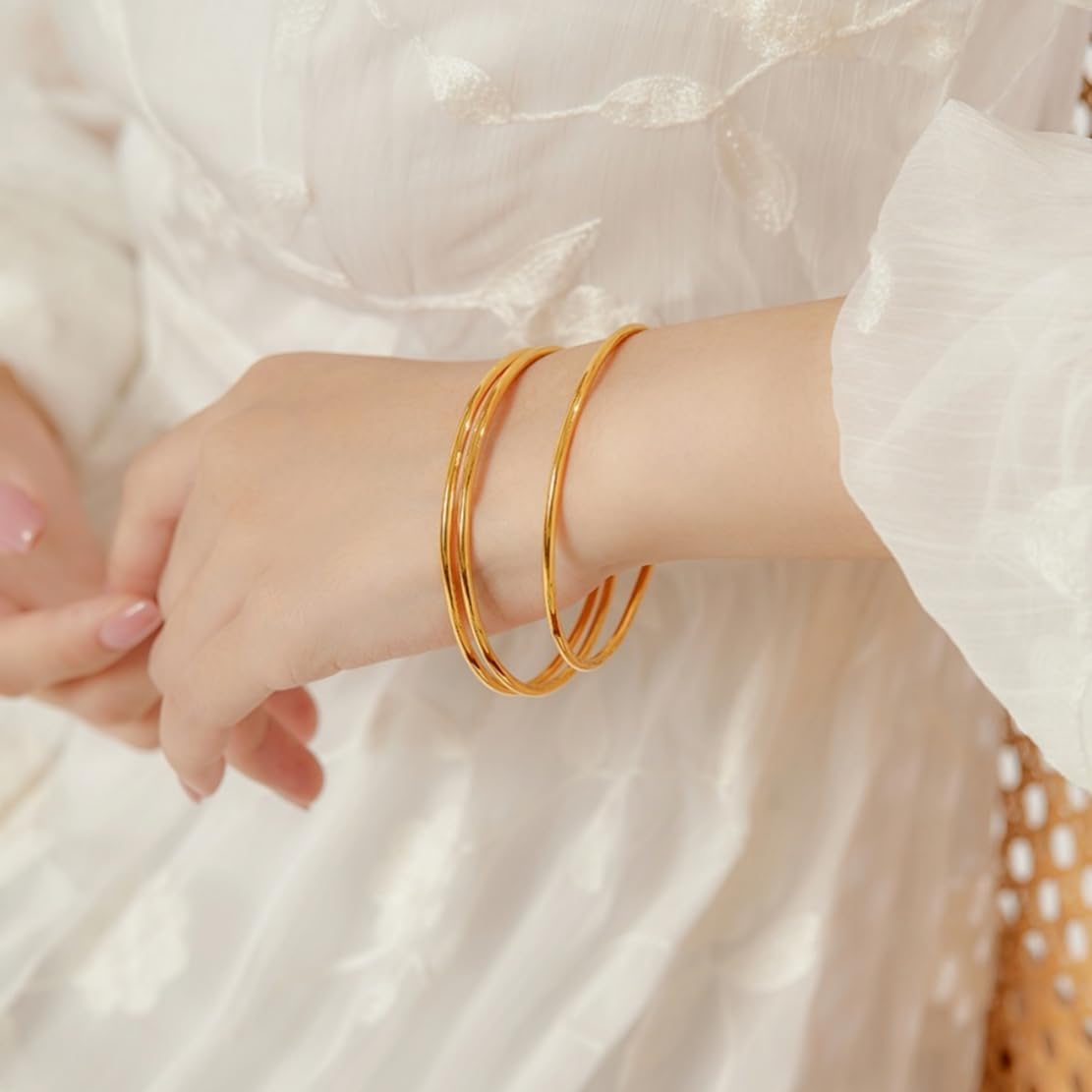 Womens 14K Gold Plated Bracelet 2mm/3mm Stainless Steel Glossy Polished Stackable Thin Round Bangle Bracelet For Best Gifts for Love - Image 3