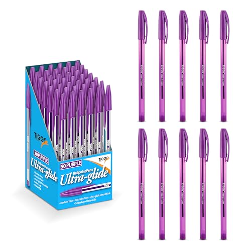 Lotus Pack of 10 Coloured Ink Medium Point Nib Ultra Glide Smooth Ink Precision Ballpoint Pens (Purple, 10 Pack)