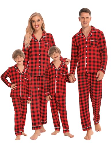 SWOMOG Family Christmas Pajamas Set Women & Men & Kids Long Sleeve Pj Set Party Sleepwear Button-Down Loungewear Set Men Red With Black Grid Large
