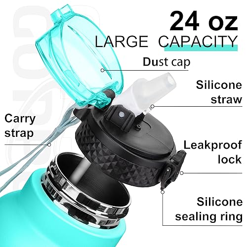 GOPPUS 750ml/26oz Stainless Water Bottle with Straw Double Wall Insulated Bottles with Strap Reusable Vacuum Thermal Flask Leakproof Keep Cold Drinks Bottles with Flip Top Lid for Men Women BPA Free - Image 4