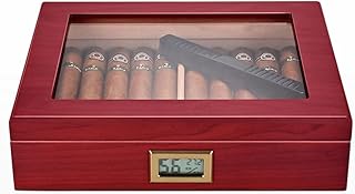 Cigar Humidors, Handmade Humidors, Glass Top Cigar Box with Multifunction Digital Hygrometer and Humidifier, Desktop Cedar Wood Storage Case