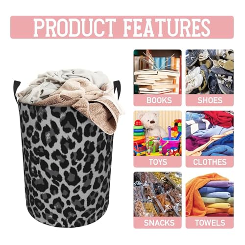 Image of Grey Leopard Round Laundry Hamper Cheetah Gray Storage Basket Toys Clothes Organizer Bin For Home Bathroom Bedroom Dorm Nursery, 38l