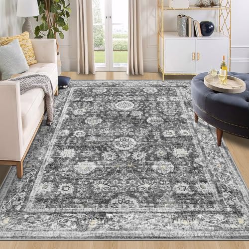 Capslpad Washable Rugs Living Room 160x230cm Distressed Vintage Area Rugs Non-Slip Traditional Oriental Bedroom Carpet Low Pile Thin Floor Mat Rug for Dining Room Kitchen Office Decor, Dark Grey