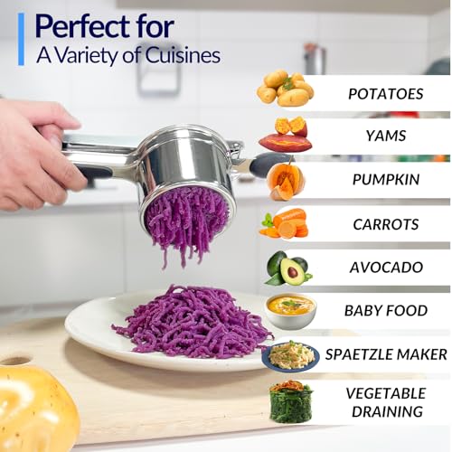 Stainless Steel Potato Ricer with 2 Interchangeable Fixed Disc Cups for Perfectly Fluffy Mashed Potatoes - 15oz Heavy Duty Design - Image 6
