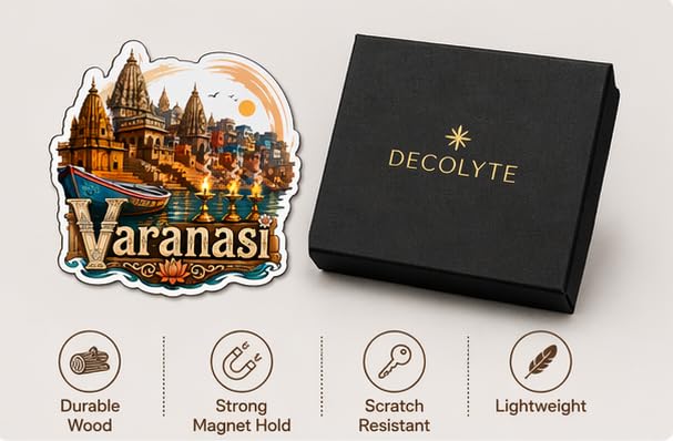Image of Varanasi Temple Theme Wooden Fridge Magnet Souvenir | 3x3 in Kitchen Home Decor Gift