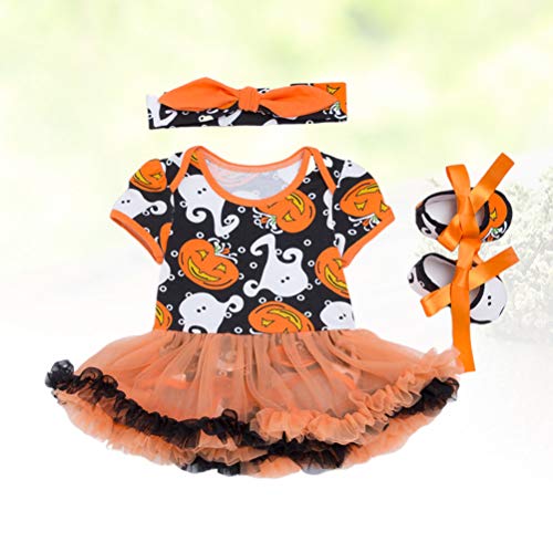 Conjunto de 3 peças em 1 KesYOO de Halloween com estampa de abóbora, vestido de manga curta e sapato