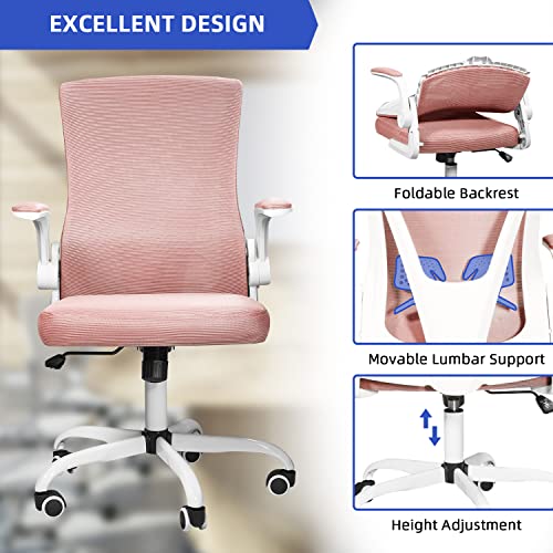 Muzii Task Chair With Arms, Ergonomic Mesh Office Chair, Computer Desk Chair Swivel Office Chair With Flip-Up Arms And Adjustable Lumbar Support, Pink #TOP4