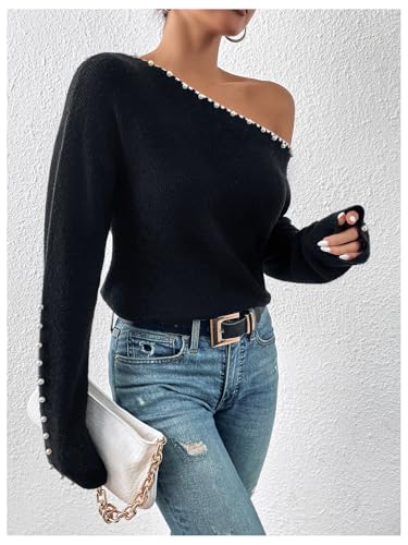 WDIRARA Women's Pearls Beaded One Cold Shoulder Sweater Long Sleeve Asymmetrical Knit Top4