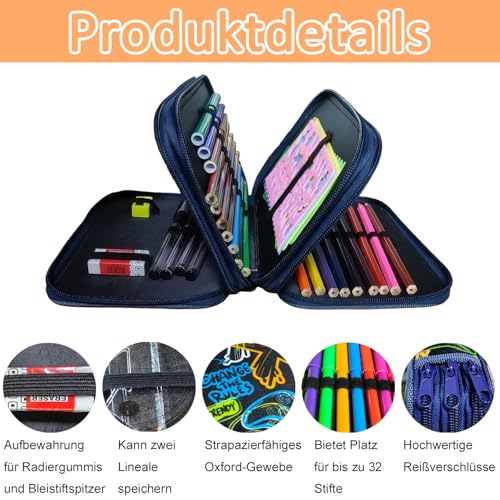 Glamifyr Federmappe Jungen,Mäppchen Jungs,Federtasche 3 Fächer,Federmäppchen Jungen,Federmappe Federmäppchen Groß XXL,Bonus Buntstiften,Bleistiften,Wasserfarben Stiften,Lineal, Radiergummi usw