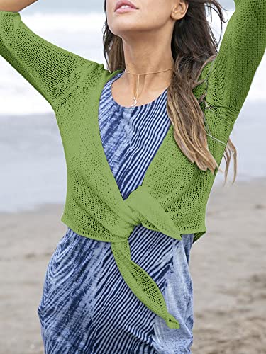 Yemgsip Women's Tie Front Shrug 3/4 Sleeve Bolero Sheer Knotted Lightweight Cardigan Sweaters Short Shawl Tops Green #TOP2