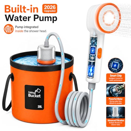 Ducha portátil para camping Zappyway con bomba de agua integrada recargable, filtro y cubo plegable de 5.3 galones, con luz LED para lavado de autos, mascotas, viaje al aire libre y riego de plantas miniatura 2
