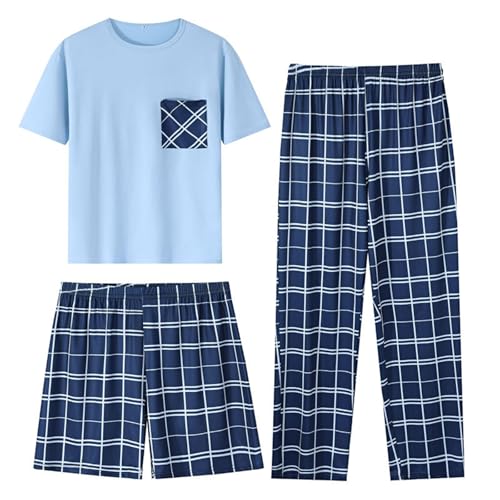 Generisch Conjunto de pijama de algodón para hombre con camiseta de cuello redondo + pantalones largos a cuadros + pantalones cortos ropa de descanso casual pijamas suaves ropa de dormir cómoda ropa