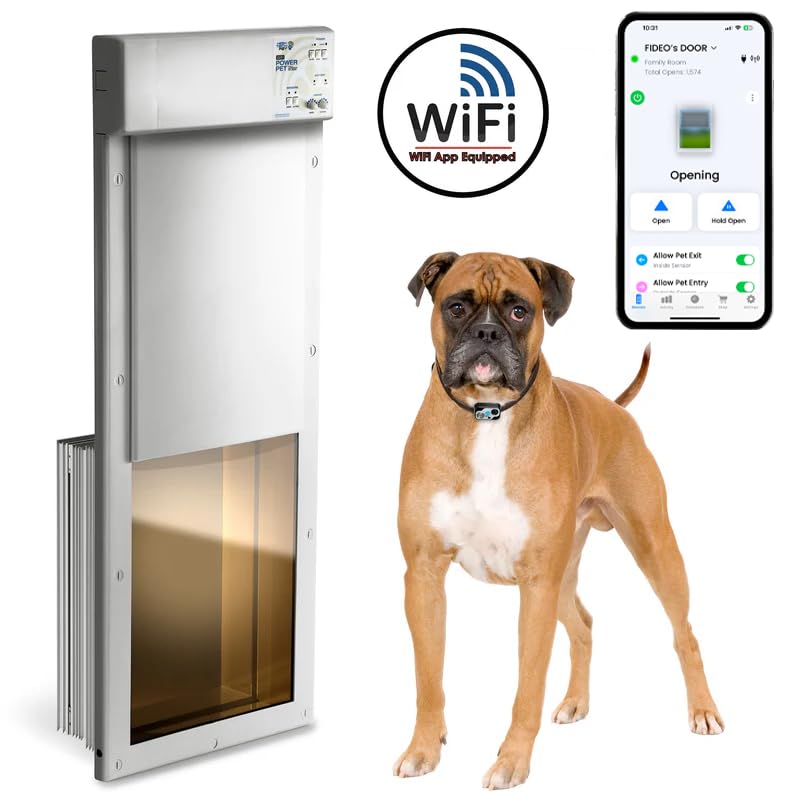 New, Improved Power PET® Automatic WiFi Dog Door by High Tech Pet, Operated by Ultrasonic Pet Collar, App Controlled, Air Tight with Secure Auto Dead Bolt Lock and 24-7 Entry & Exit Timers - Large