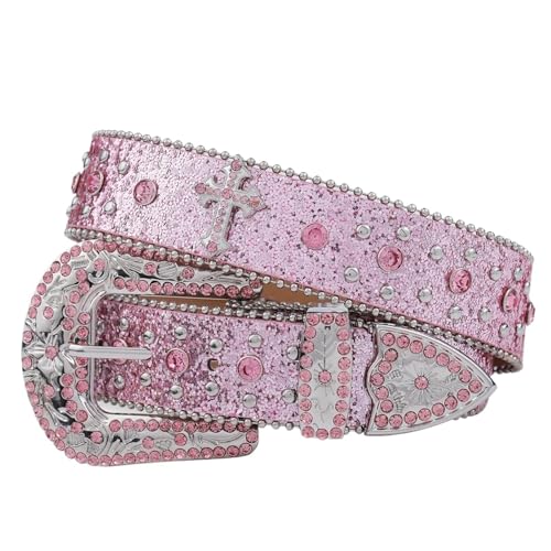 Pink Cross-rivet Rhinestone Belt Sparkles, Punk Rock Inlaid Leather Belt For Men's Jeans