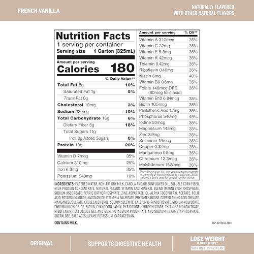 Image of SlimFast Meal Replacement Shake, Original French Vanilla, No Added Sugar, Meal Replacement Shakes, 10g Ready to Drink Protein, 5g Fiber, 25 Vitamins and Minerals, 11 Fl. Oz, 12 Count