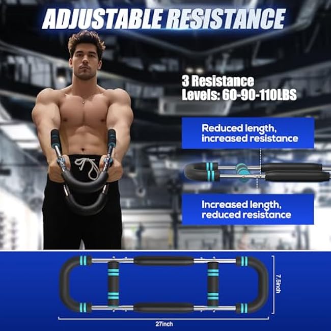 Twister Arm Trainer, 60-110lb Adjustable Resistance Workout Equipment Twister Arm Chest Exerciser Power Twister Bar, Portable Chest Press Machine Detachable Design Fitness for Home & Gym