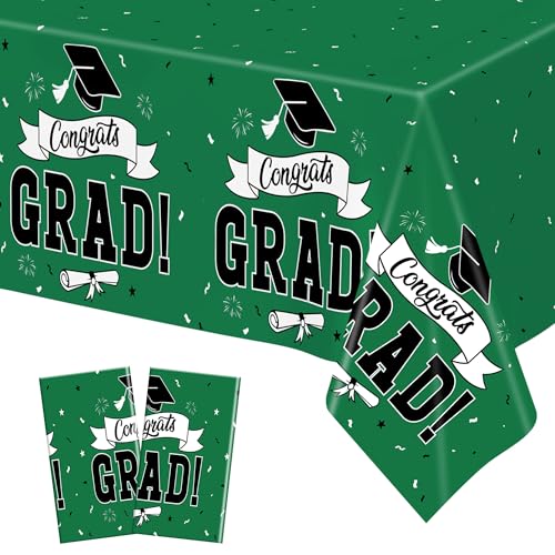 Image of 2Pcs Graduation Tablecloth, 108 inch X 54 inch Green Graduation Table Decorations 2026, Rectangle Tablecovers for Class 2026 Congrats Grad, Disposable Plastic Tablecover for Grad Decor Party Supplies for Kids