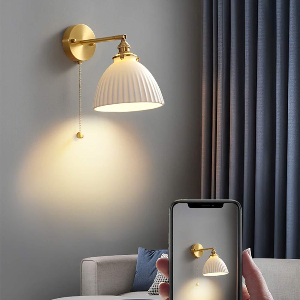 USMJQVZ Applique Murale en céramique Antique, luminaire Mural en Laiton de Ferme avec Interrupteur à Tirette, pour Cuisine, Chambre, Salle à Manger, Restaurant, Salon