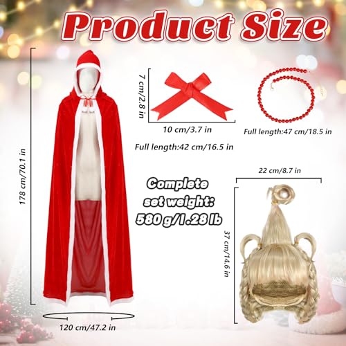 4Pcs Cindy Lou Who Robe Hooded Cloak Wig Necklace Bow Christmas Mrs Santa Claus Velvet Cape Costume Adults Kids by Varuotu - Image 2