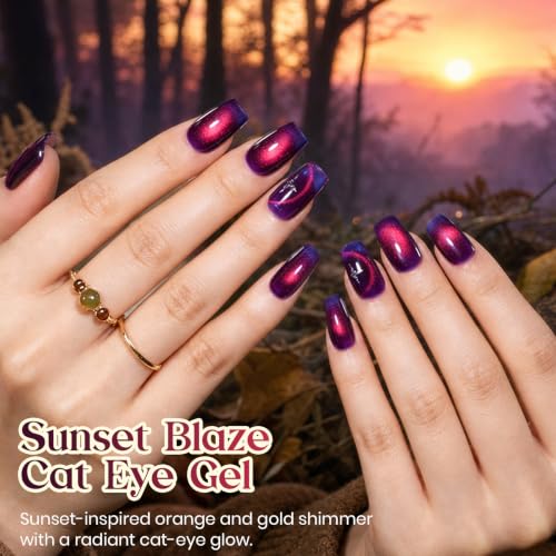 Image of Beetles Purple Cat Eye Gel Polish with Iridescent Effect | 15ml Purple Red Sunset Blaze Holographic Reflective Magnetic Glitter Gel for Women UV Curing Nail Art DIY Manicure Gift