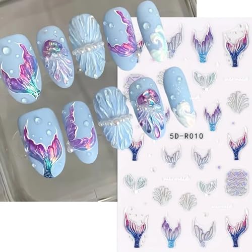 Diowino 97 NAIL STICKERS 5D Blue Mermaid Relief Nail Stickers Back Glue Embossed Mermaid Tail Nail Art Stickers Self Adhesive Shellfish Jellyfish Dreamy Ocean Animal World Design Nail Decals Accessories cover
