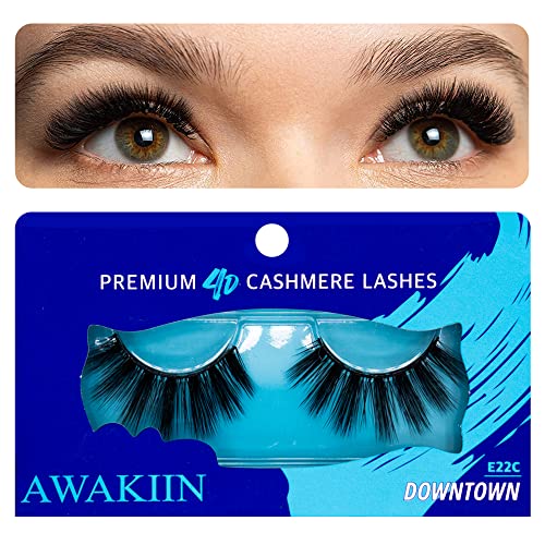 AWAKIIN 4D Premium Cashmere Natural False Lashes Eyelash Extension Self Adhesive Fake Reusable False Long Eyelashes Natural Look Strip Fluffy Wispy Lashes Natural Look Lash Extension Volume (Downtown)