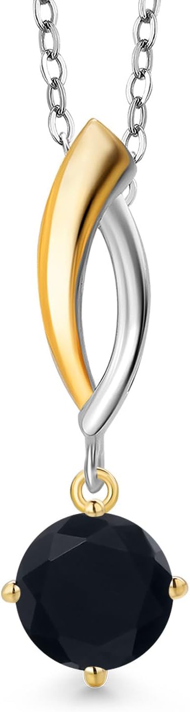 Gem Stone King 925 Silver and 10K Yellow Gold Black Onyx Pendant Necklace for Women | 0.80 Cttw | Gemstone December Birthstone | Round 6MM | With 18 Inch Silver Chain