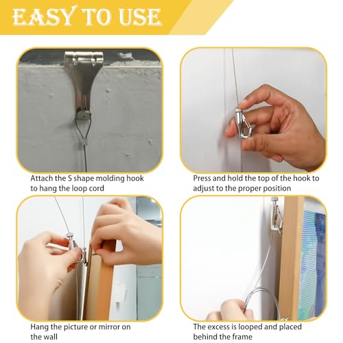 Image of Picture Rail Hooks and Wire Hanging System,Sunxer Tool Picture Hanging Kit ,2PCS Picture Rail Hanging System for Picture Frame Mirror Art Gallery Display(1 /25 inch-3.3ft)