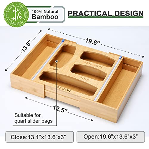 Ziplock Bag Storage Organizer, Expandable Kitchen Drawer Dispenser For Food Storage Bag, Bamboo Holder With Slide Cutter, Suitable Gallon, Quart, Sandwich, Snack Bags And 12" Aluminum Foil & Wax Paper #TOP5