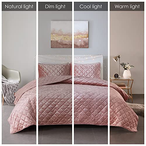 Intelligent Design Luxe Quilt Lush Face Diamond Pattern With Microfiber Reverse All Season, Lightweight Coverlet, Cozy Bedding, Matching Shams, Full/Queen(90"X90"), Felicia Velvet Blush 3 Piece #TOP1