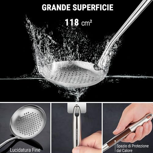YOSUKATA Spatola e Mestolo Cucina e Schiumarola Acciaio Inox per Wok 43 cm - Set di 3 Utensili Cucina Acciaio Inox 304 - Accessori Universali per Wok - immagine 6