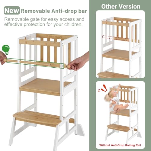 Image of COSYLAND Toddler Standing Tower - Adjustable Height Toddler Kitchen Stool Helper - Kids Kitchen Step Stool for Learning with Removable Safety Railing White & Natural